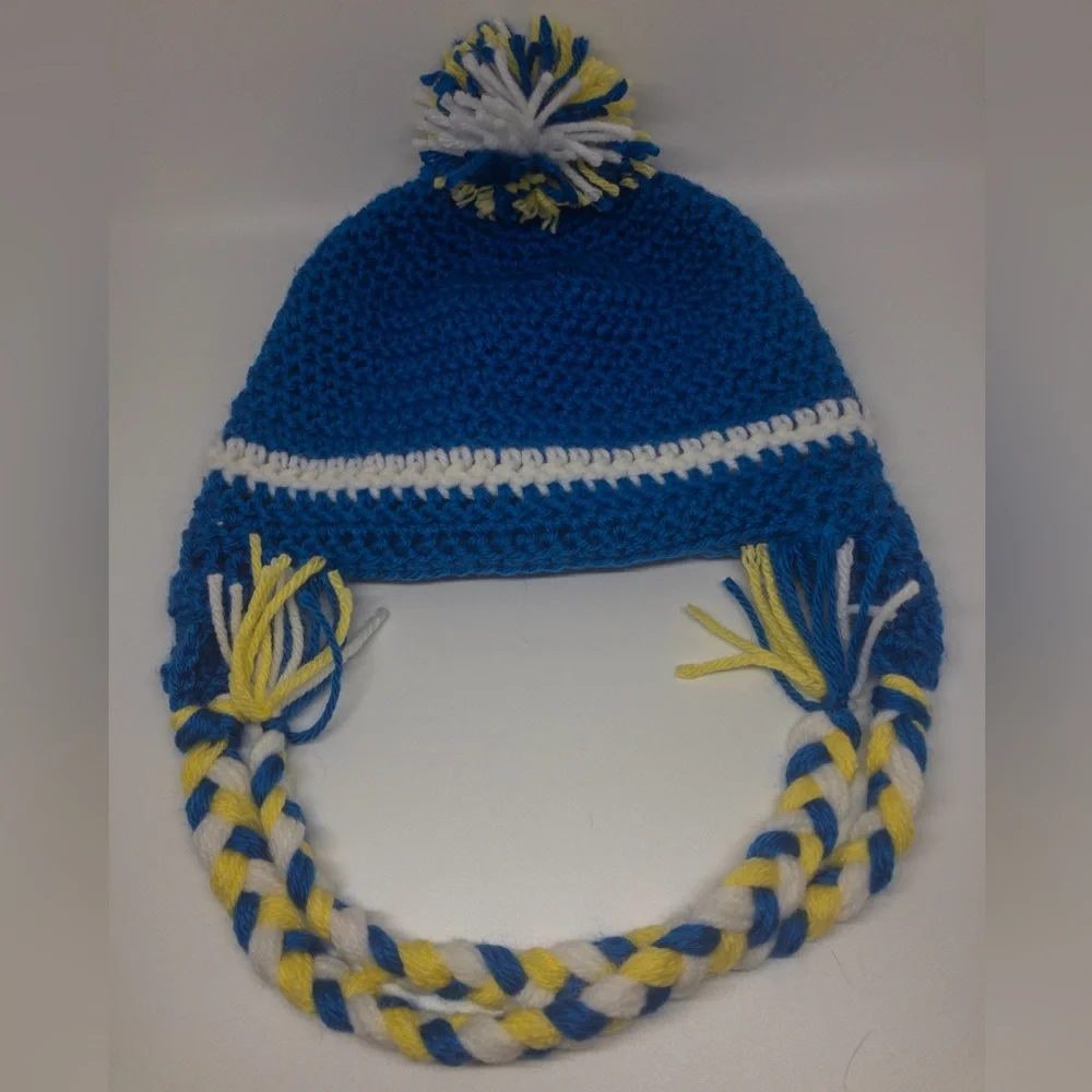 Handmade Crochet Earflap Hat Blue &‎ White Baby/Toddler Sizes Pom Pom Beanie